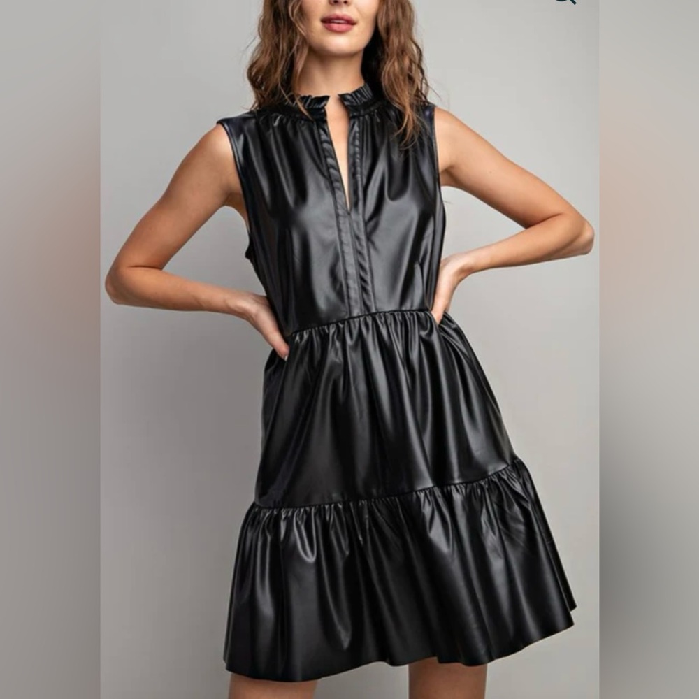 STEEZ Faux Leather Tiered Dress Black Medium